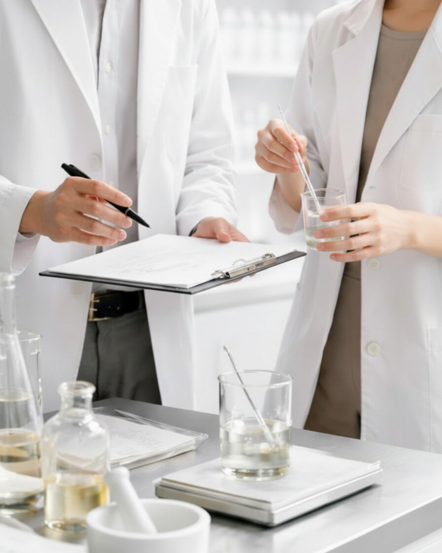 薬剤師が研究室で化粧品処方を確認している様子